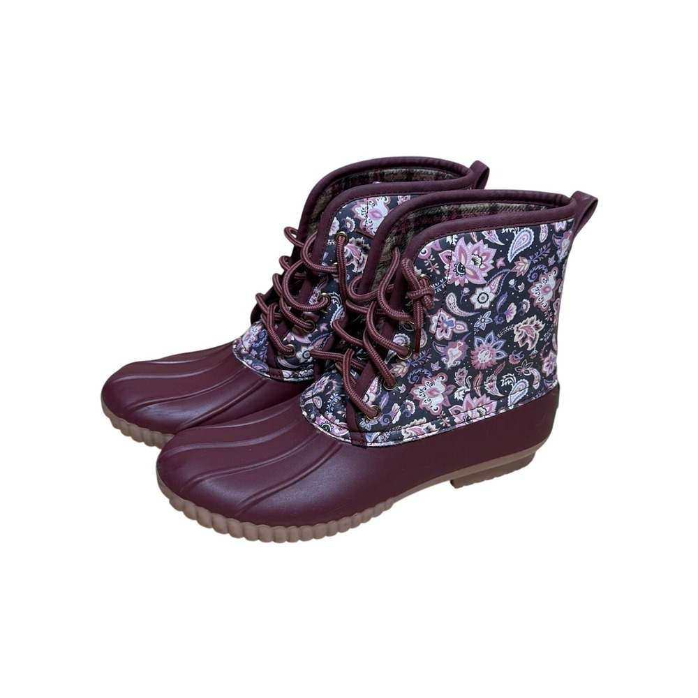 Simply Southern Women's 9 Duck Rain Boots Burgundy Floral Paisley Lace Up